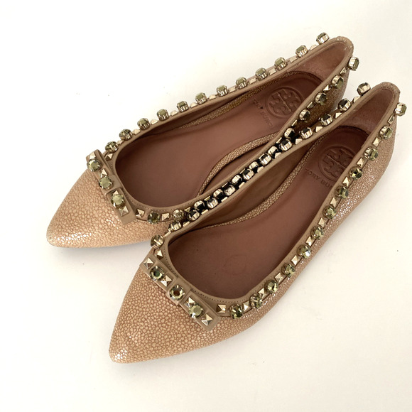 TORY BURCH Ballet Flat Crystal Embellished Point Toe Beige Tan Bow Jewel 6.5 - Picture 4 of 8